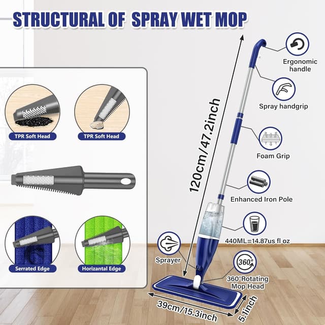 Detalle de EXEGO Microfiber Spray Mop for Floors Cleaning with 3 Reusable Pads and Sprayer