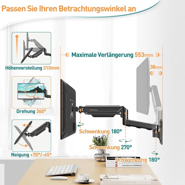 Detalle de ELIVED EV023-DE : bras à ressort à gaz mural pour écran PC 13 à 32" (VESA 75x75 / 100x100, jusqu’à 8 kg)