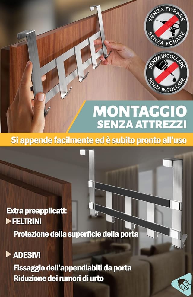 Detalle de Menz appendiabiti per porta regolabile con 5 ganci in acciaio inox