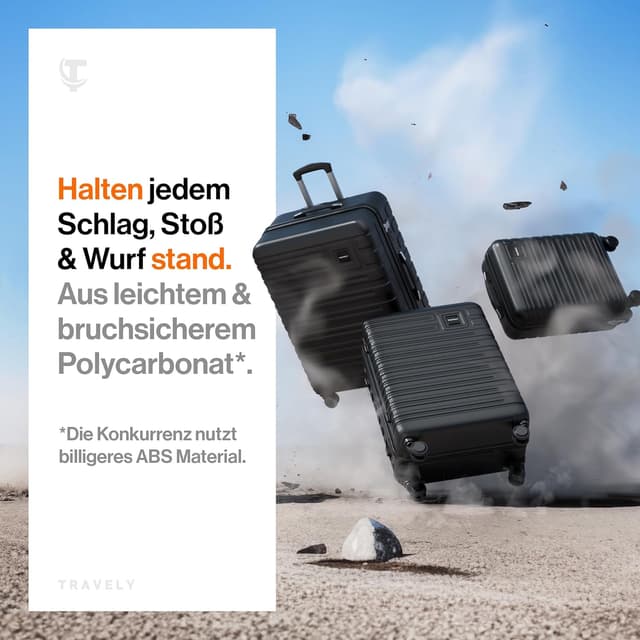 Detalle 2 de Travely Polycarbonat Koffer-Set (77 cm, 67 cm, Handgepäck) mit TSA-Schloss – 3-teilig