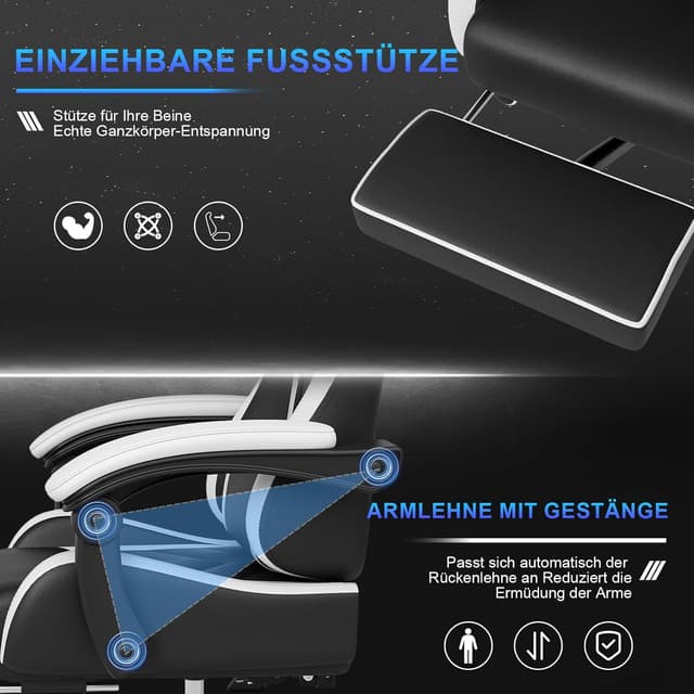 Thumbnail 6 de JUMMICO Sedia da gaming e ufficio ergonomica con supporto lombare massaggiante e schienale regolabile 90–150° (bianco)