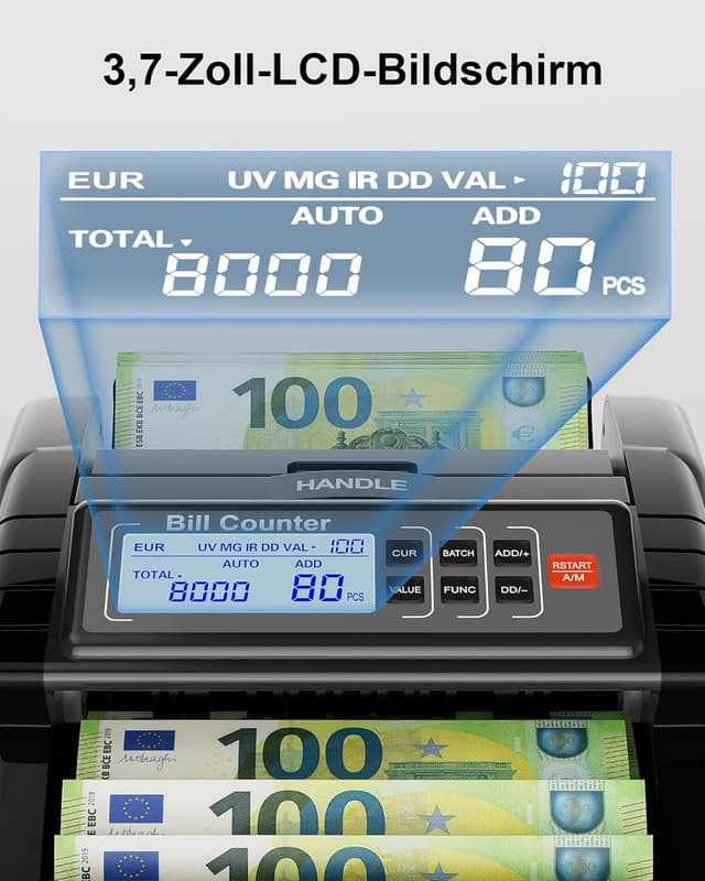Detalle 2 de AL1000 Geldzählmaschine mit UV/IR/DD/MG Falschgelderkennung, LCD-Display und 1200 Banknoten/Min.