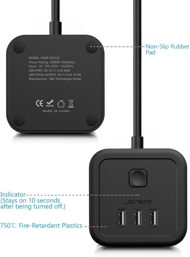 Detalle de JSVER Steckdosenleiste Cube Würfel mit 3 USB, 3680 W und 1,5 m Kabel – kompakt für Büro, Zuhause & unterwegs