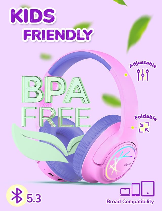 Detalle 2 de iClever Bluetooth-Kinderkopfhörer mit LED-Licht, 74/85 dBA Lautstärkebegrenzung & 43 Std. Spielzeit (Type-C, AUX) – Rosa lila