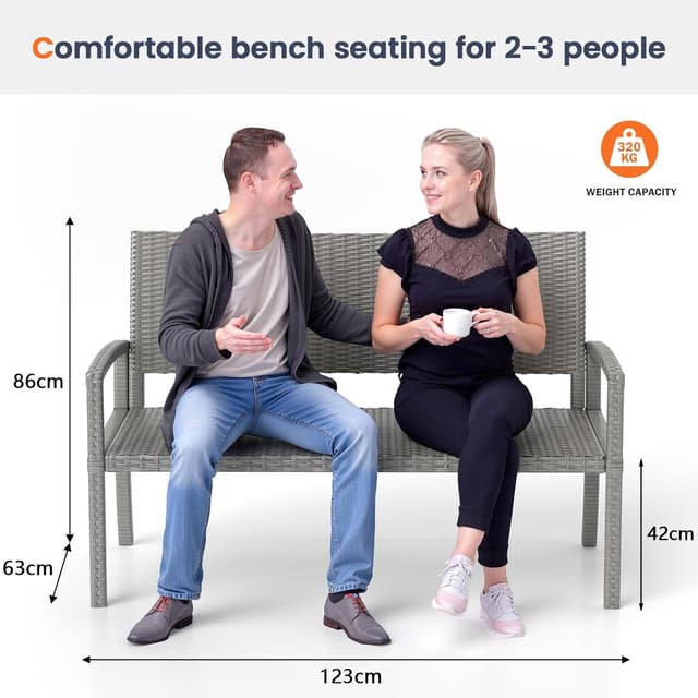 Detalle 2 de UDPATIO Gartenbank wetterfest aus Polyrattan mit Rückenlehne & Armlehnen – Rattan-Sitzbank Outdoor bis 320 kg, Grau
