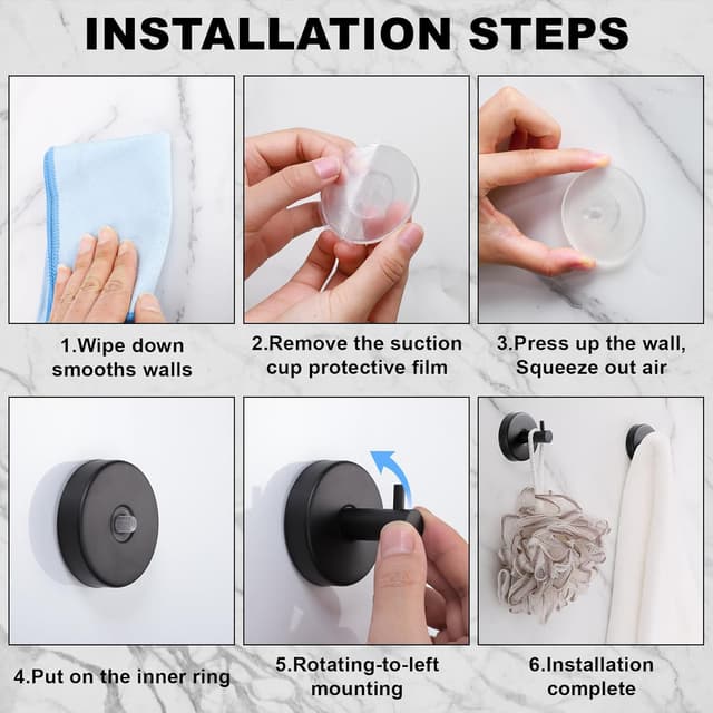 Detalle 2 de Dntorx Suction Cup Hooks (4 Pack) – Black stainless-steel towel, robe & bath accessory hooks