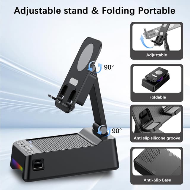 Detalle de Wireless Induction Speaker 5-in-1 Bluetooth Speaker with Phone Stand, 360° LED Rotation, and 3000mAh Power Bank