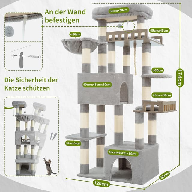 Detalle 2 de Gitelsnour Kratzbaum groß für große, ausgewachsene Katzen – 174 cm mit Hängematte und 15 Kratzstangen
