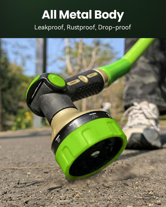 Detalle 2 de RAINPOINT all-metal hose pipe spray gun with thumb flow control and 10 spray patterns (green)