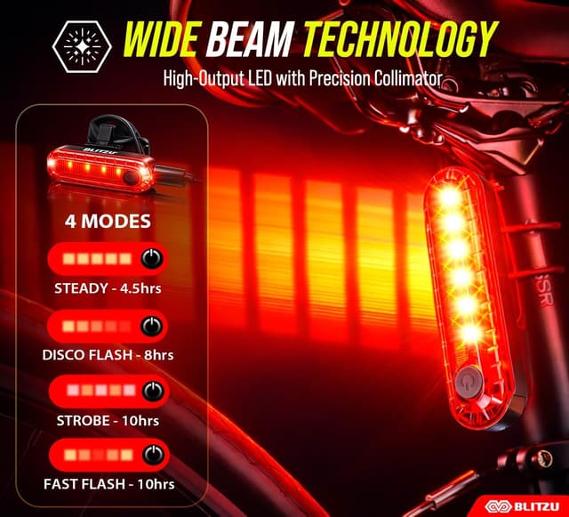 Detalle de 2025 BLITZU Cyborg 120T USB-C Rechargeable Bike Tail Light 2 Pack (Cyborg 120T, Bright Red LED) – Waterproof rear safety lights