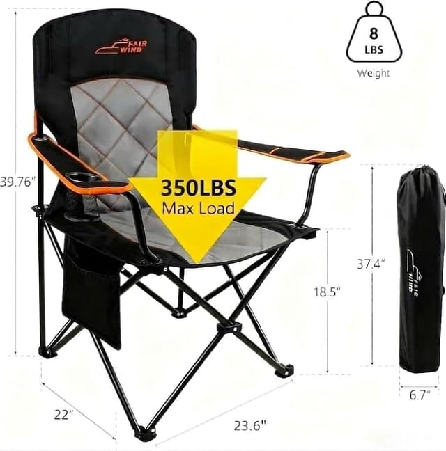 Detalle de FAIR WIND 2 Pack Fully Padded Camping Chairs (350LBS) with Cup Holder & Side Pocket