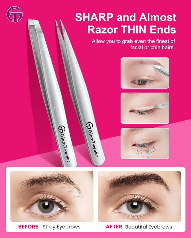 Detalle de GlamTweeler Expert Slant and Point Tip Tweezer Set (Sparkle Silver) with Storage Case