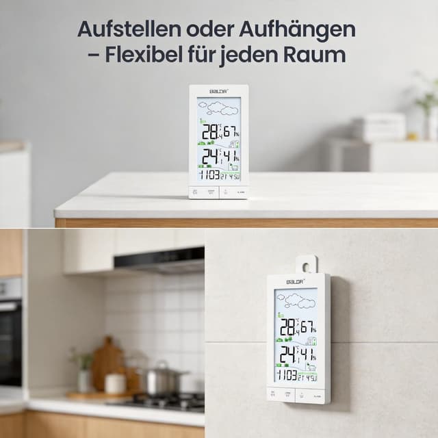 Thumbnail 6 de Konsen Wetterstation Funk für Innen/Außen mit Außensensor (DCF) – Thermometer/Hygrometer mit Beleuchtung & Wettervorhersage in Weiß