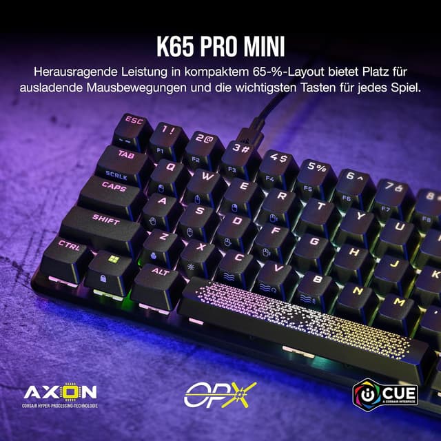 Detalle 2 de Corsair K65 PRO Mini RGB (65%) mit optisch-mechanischen OPX-Schaltern – iCUE, PBT Double-Shot, QWERTZ