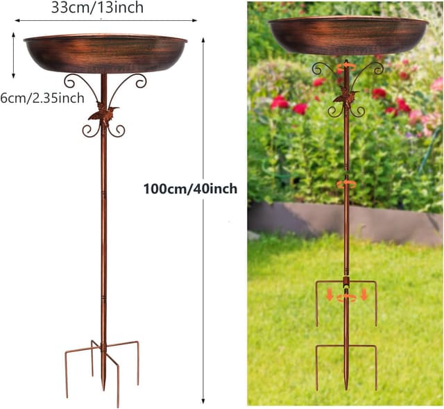 Detalle de Newthinking 40-inch freestanding metal bird bath with 5-pronged base and vintage-style relief bowl