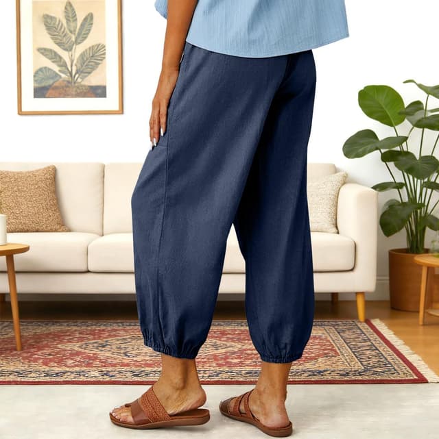 Detalle de Pantalon femme d’été en coton fluide – pantacourt 7/8 à taille élastique, ample et décontracté