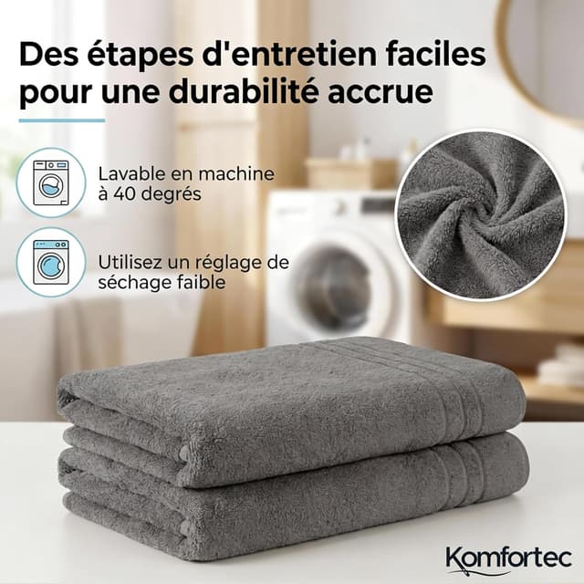 Detalle 2 de Drap de bain Komfortec 100x200 cm en 100% coton gris anthracite