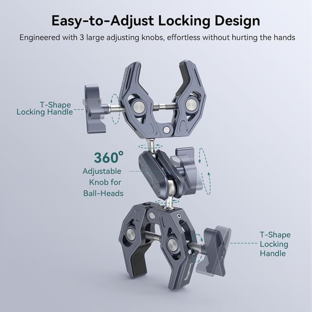 Detalle de SmallRig Super Clamp 4103B mit doppelter Kameraklemme und Magic Arm Doppelkugelkopf-Adapter