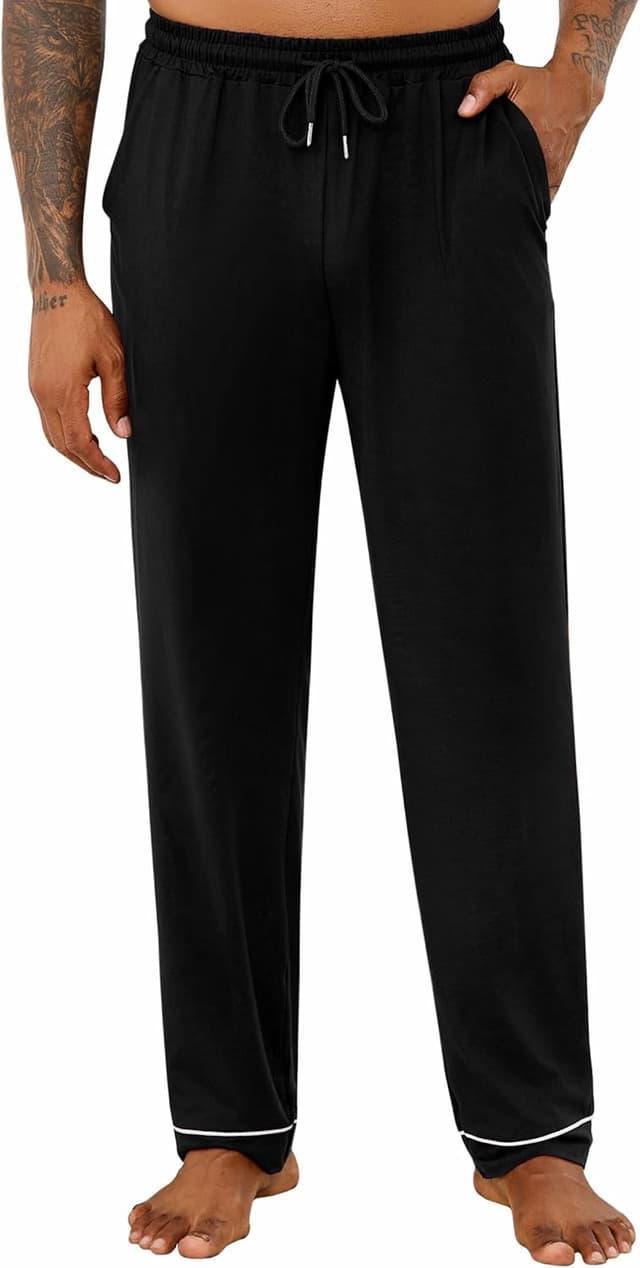 Detalle de Crewhpo Pantalon de pyjama homme en coton (mélange 65% coton/35% polyester) avec taille élastique et cordon, poches