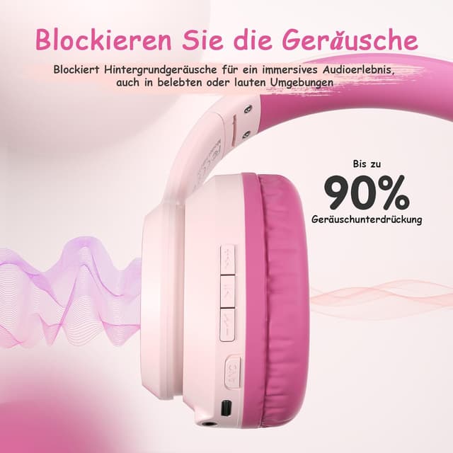 Detalle de TONOSHARK Bluetooth Kinderkopfhörer Over-Ear (Noise Cancelling), Rosa – kabellos mit Mikrofon & 60h Spielzeit inkl. Tragetasche