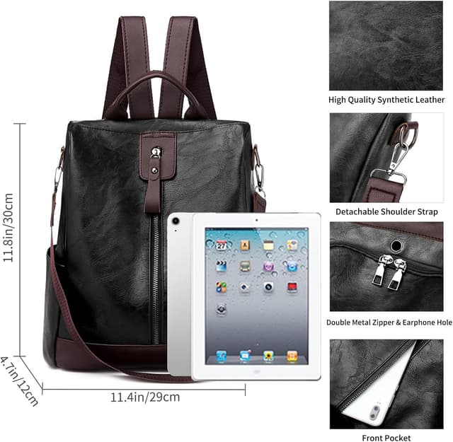 Detalle 2 de JSNOM Zaino Donna in Pelle Casual antirrobo: zainetto impermeabile 29x12x30 cm, daypack per scuola, lavoro e shopping