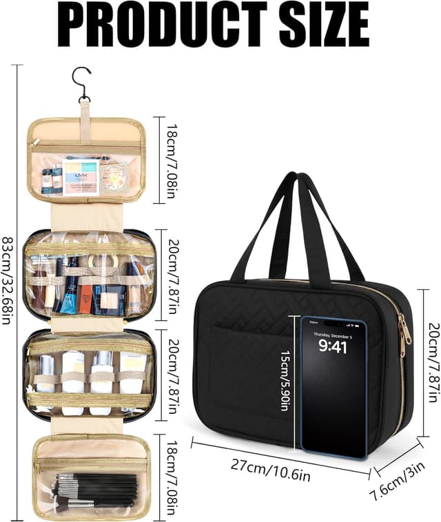 Detalle 2 de FitDA Trousse de toilette femme de voyage suspendue noire avec 4 compartiments transparents