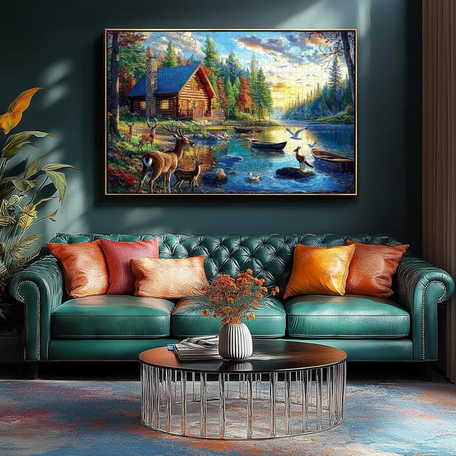 Detalle 2 de Blueforest 1000-Piece Jigsaw Puzzle for Adults: Lake Lodge & Elk Autumn Landscape