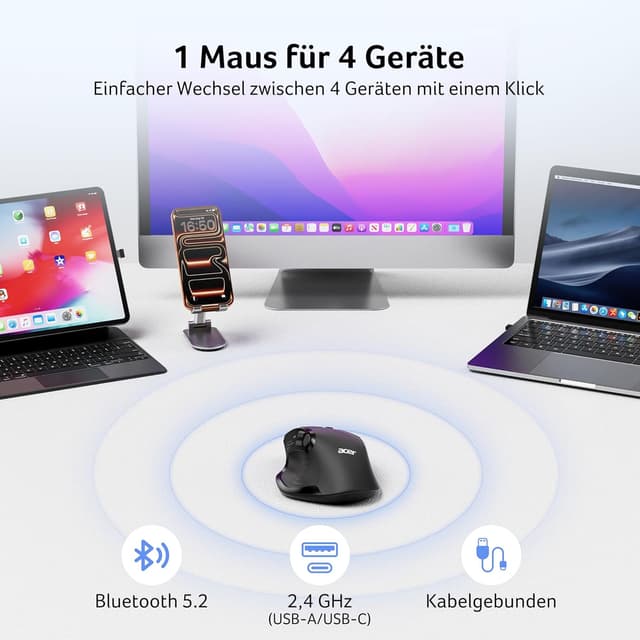 Detalle de Acer Kabellose Maus Tri-Mode 4000 DPI mit OLED für bis zu 4 Geräte (Bluetooth, 2,4 GHz & Kabel)