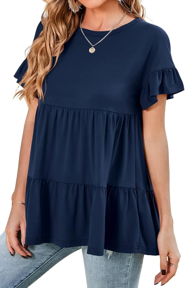 Detalle de Neineiwu Damen Rundhals-T-Shirt mit Rüschensaum, kurzarm Sommerbluse (S–XXL)