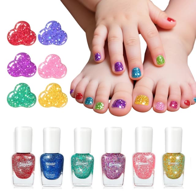 Detalle de Aieenjor Kinder-Glitzer-Nagellack-Set (6 Farben) ab 3 Jahren – wasserlöslich & abziehbar