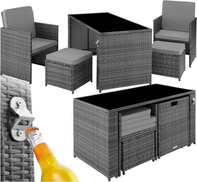 Detalle de tectake Poly Rattan Sitzgruppe 5-teilig (bis zu 4 Personen) mit Tisch, 2 Sesseln & Hocker – grau