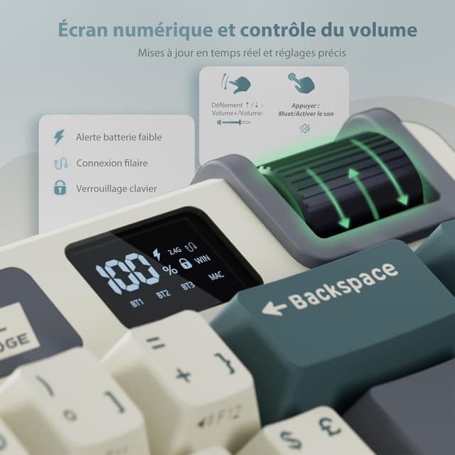 Detalle 2 de RK Royal Kludge M70 – Clavier mécanique 75% sans fil triple connexion (AZERTY) avec macros, écran et hot-swap