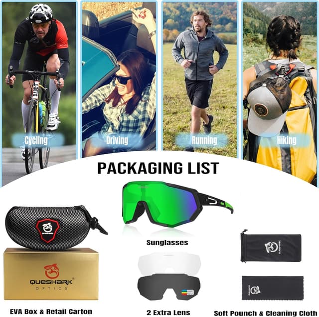 Detalle de Queshark Occhiali da ciclismo polarizzati TR90 con 3 lenti intercambiabili anti-UV400