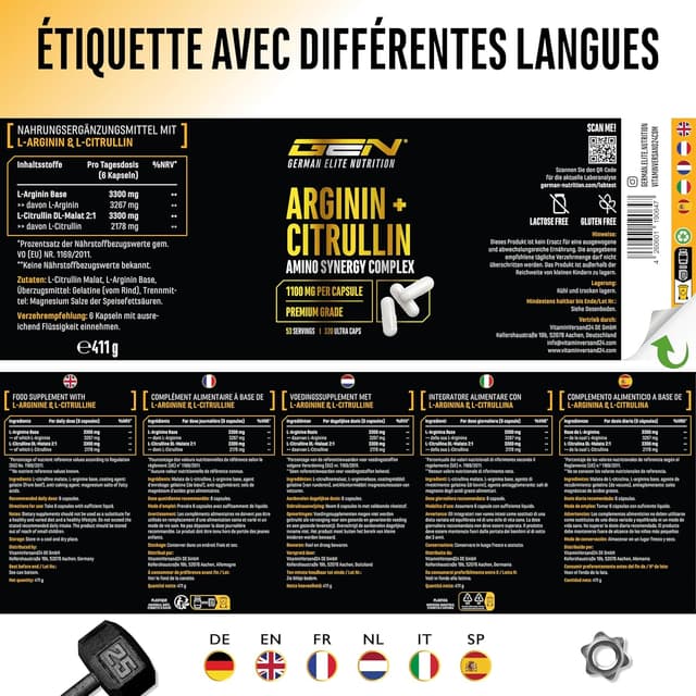 Detalle 2 de GEN German Elite Nutrition L-Arginine + L-Citrulline 320 gélules (1100 mg) en ratio 1:1