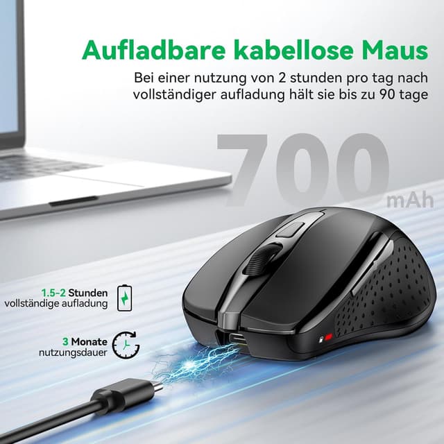 Detalle de TechRise Bluetooth Maus mit 2.4G & BT 5.0/3.0, 4800 DPI, wiederaufladbar (USB‑A Empfänger), leise Funkmaus, Schwarz