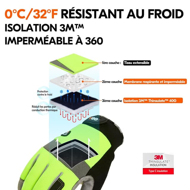 Detalle de Vgo… SL7584FLWP : paire de gants de travail d’hiver imperméables compatibles écran tactile