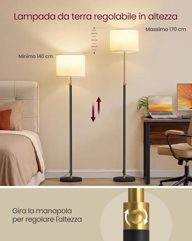 Detalle de VASAGLE Lampada da terra e da lettura LFL005BD02 (altezza regolabile 140–170 cm), oro e nero con telecomando
