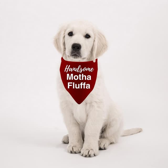 Detalle de Generic “Handsome Motha Fluffa” dog bandana (Handsome Red) – 1 piece, funny phrase pet neckerchief