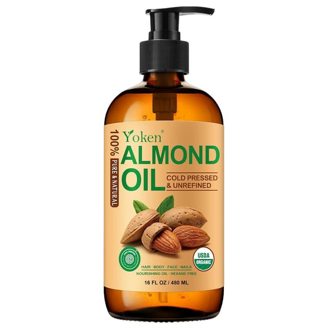 Detalle de Yoken Organic Almond Oil (16 fl oz) — 100% Pure Cold-Pressed Almond Oil for Face, Hair & Body