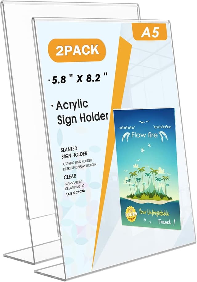 Detalle de Flow fire A5 Acrylic Sign Holder (2 Pack) — L-Shape Clear Perspex Slant-Back Display Stand