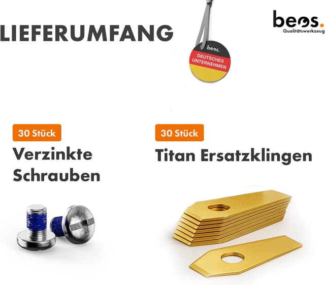 Detalle de beos 30 x Premium Titan Ersatzmesser für Bosch Indego & Honda Miimo inkl. Schrauben mit Sicherung