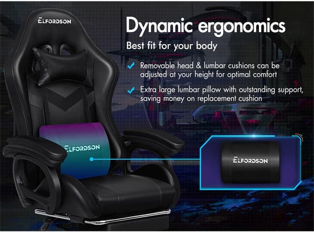 Detalle de ELFORDSON LED Gaming Chair with 8-Point Massage, PU Leather, Black