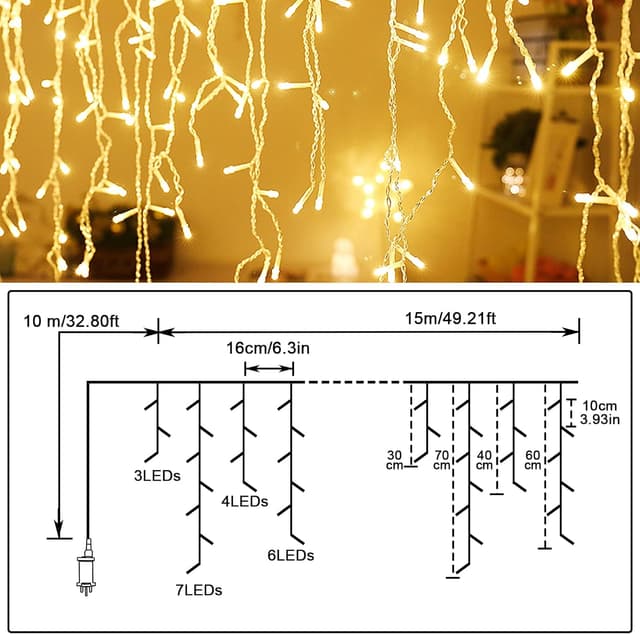 Detalle 2 de Dalugo Icicle Outdoor Christmas Lights (15m + 10m, 480 warm white LEDs) with memory timer