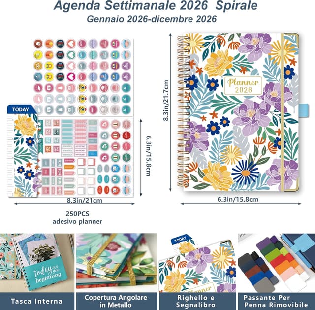 Detalle 2 de Gumiho Agenda 2026 Settimanale Spiral A5 (gennaio–dicembre 2026) con passante per la penna, segnalibro righello e adesivi – viola