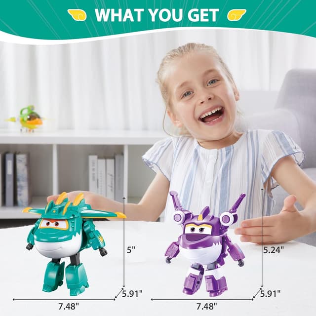 Detalle de Super Wings Dinosaurier 2er-Set Tino & Sally (12,7 cm) – 2-in-1 Actionfigur zum Verwandeln ab 3 Jahren, grün & lila