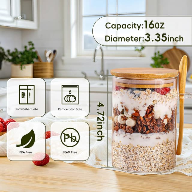 Detalle 2 de MHDCLY Overnight Oats Containers with Lids (16oz) — 4-Pack Glass Meal Prep Jars