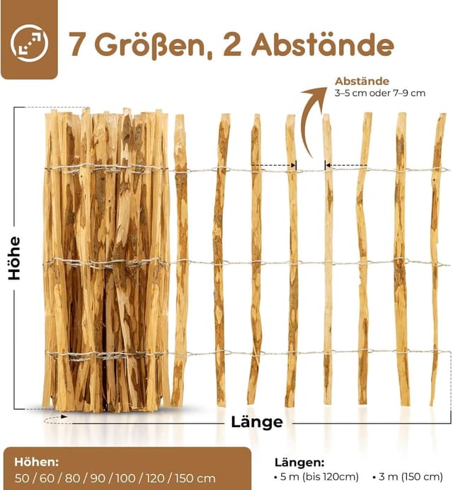 Detalle de BooGardi Staketenzaun 50 cm hoch (50 cm x 5 m) – Holz-Gartenzaun mit Lattenabstand 7–9 cm