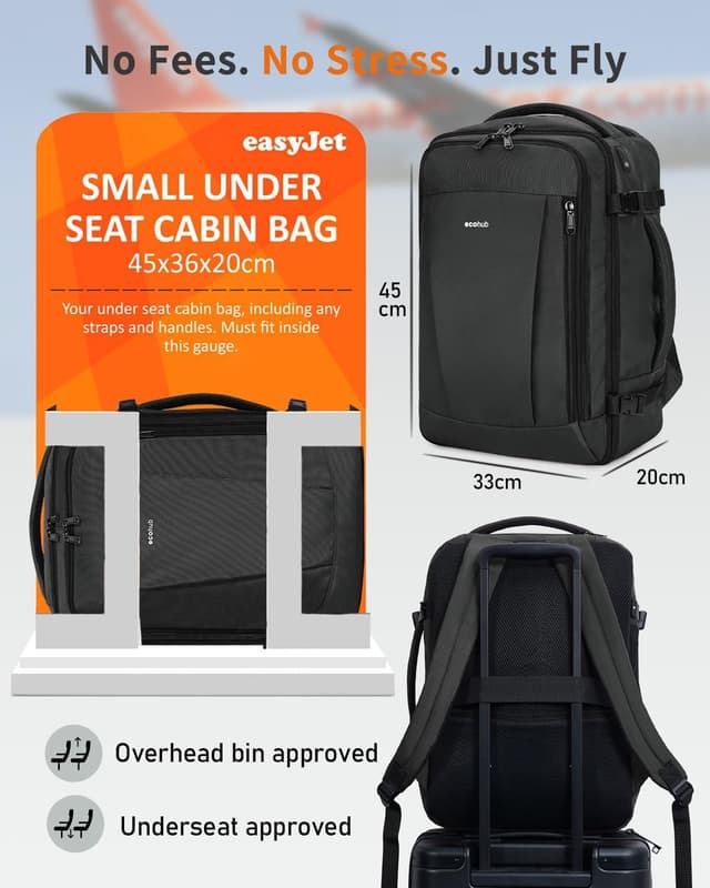 Detalle de ECOHUB Easyjet Cabin Bag underseat backpack 45x36x20cm, 30L, 13 pockets, waterproof recycled PET – Grey