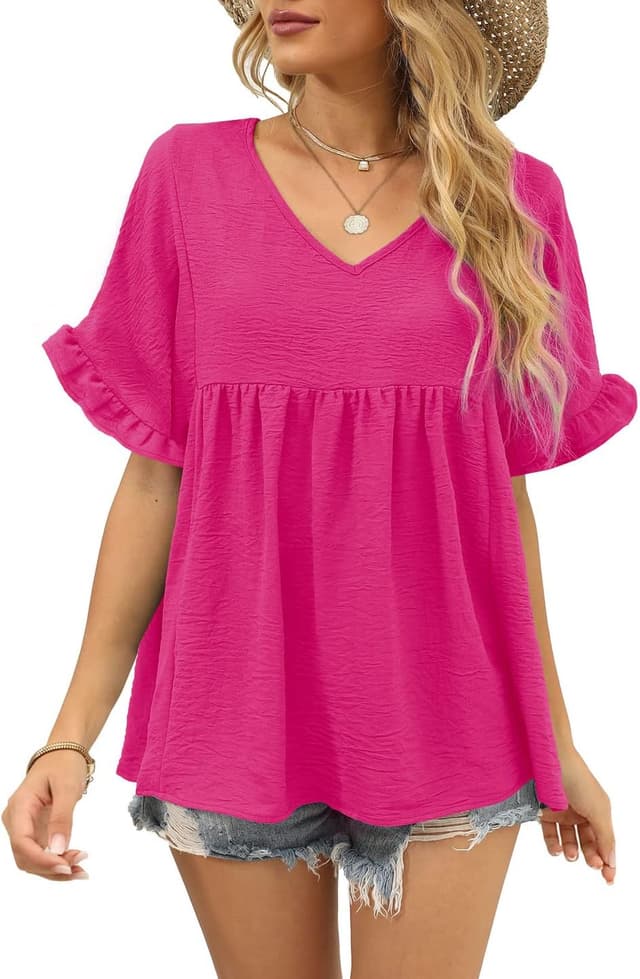 Detalle de WIHOLL Women’s Casual V-Neck Ruffle Sleeve Peplum Babydoll Top (100% Polyester)