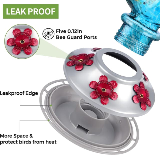 Detalle de BOLITE Hummingbird Feeder (Hand-Blown Glass) with Ant Moat and 5 Feeding Ports, 22 oz